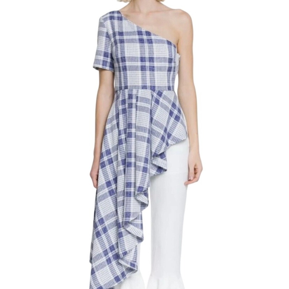 Endless Rose Women's‎ Navy Plaid One Shoulder Asymmetrical Ruffle Top Size S NWT